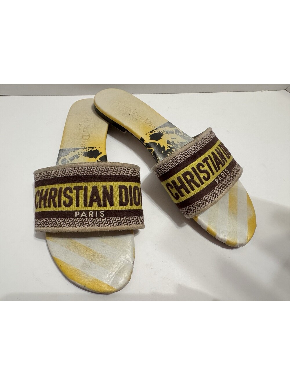 Christian Dior Dway Jungle Embroidered Slide Sandals Yellow Brown Size 39/US 9